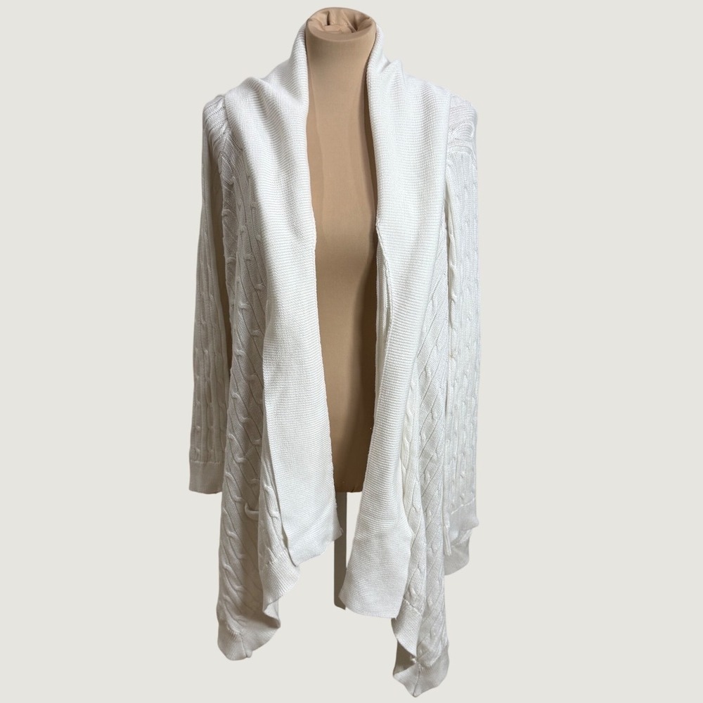 Ralph Lauren Sport XL White Cable Knit Cardigan Cotton Draped Preppy Fall Layer